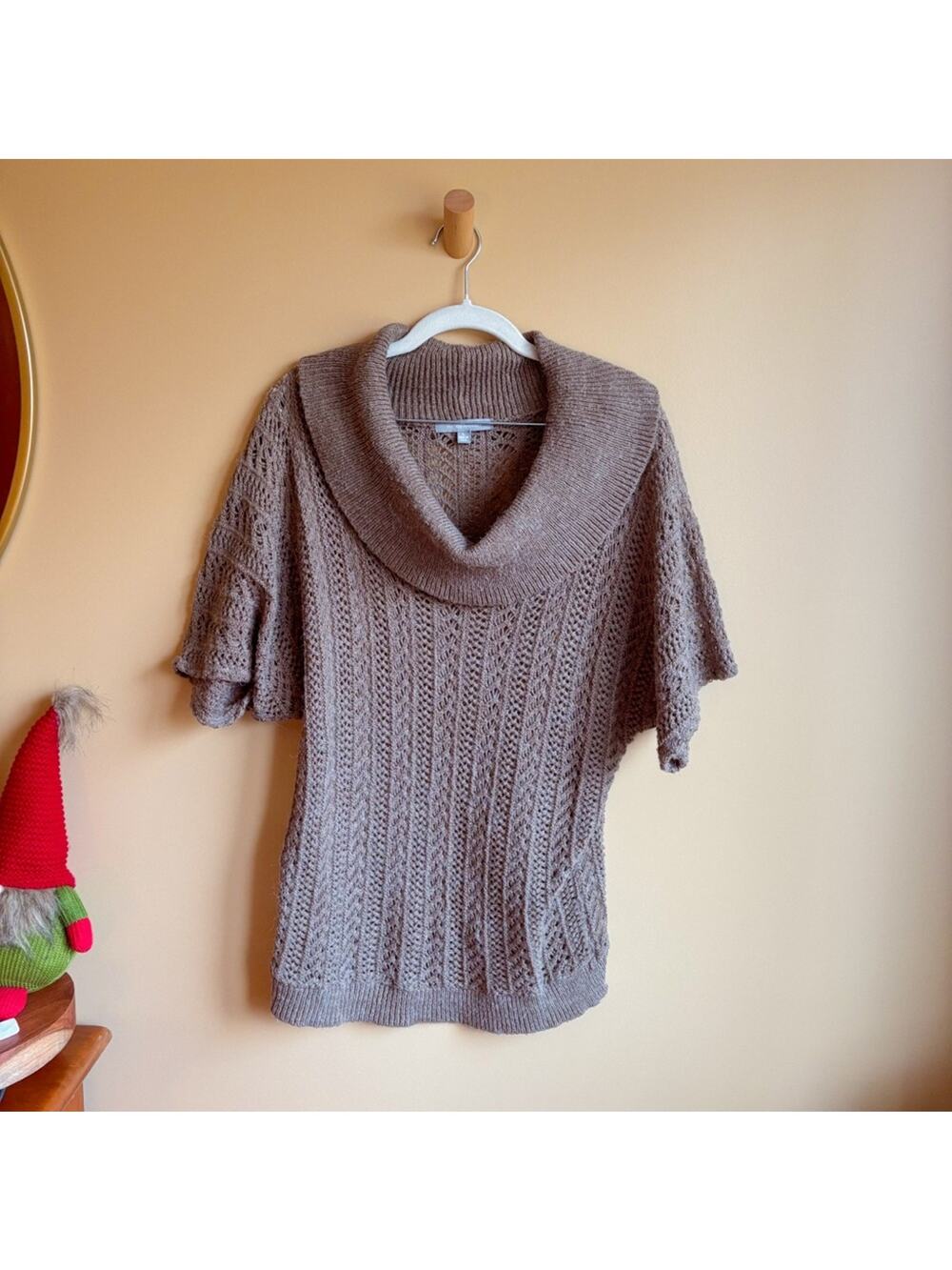 NY Collection Taupe Open Knit Cowl Neck Short Sleeve Sweater Size L